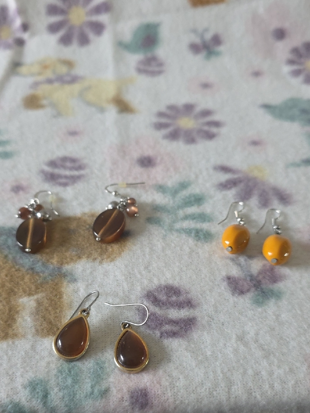 Mixed Bead Dangle Earrings - Brown and Mustard Yellow